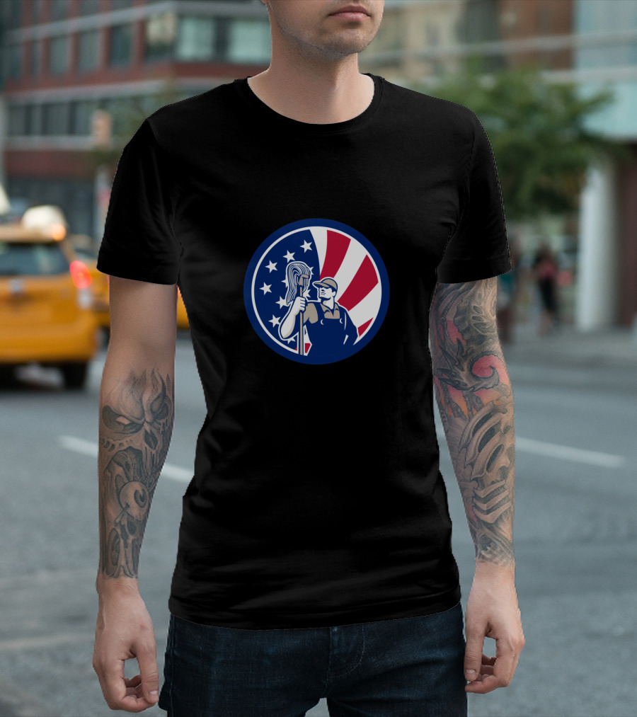 American Industrial Cleaner Icon with USA Flag Imagery Worker Holding Mop T-Shirt