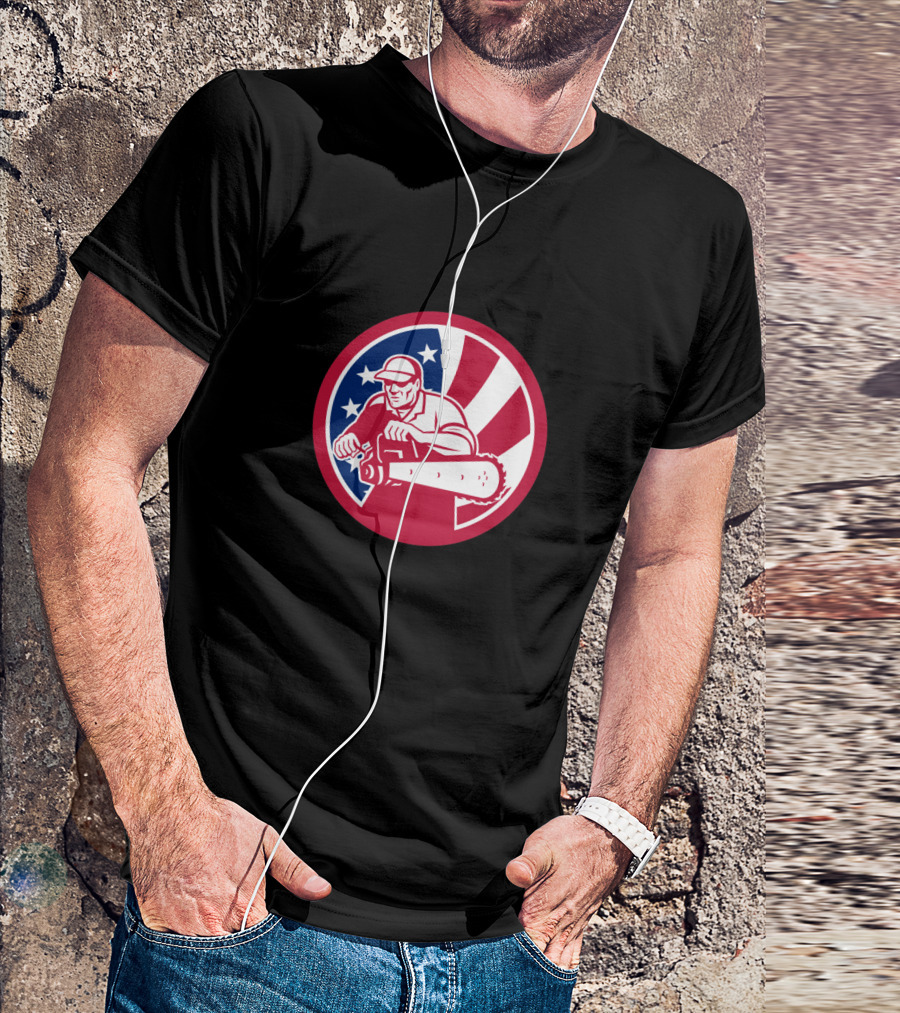 American Lumberjack With Chainsaw In USA Flag Circle T-Shirt
