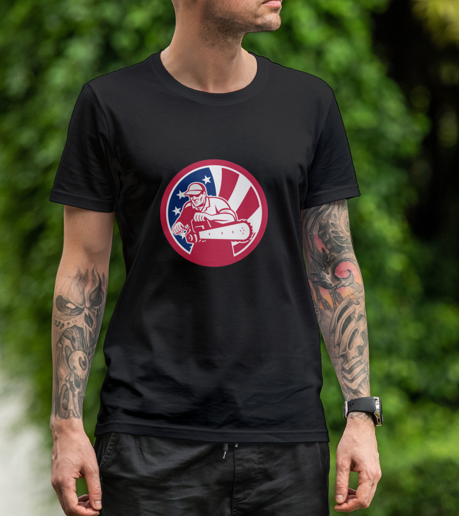 American Lumberjack With Chainsaw In USA Flag Circle T-Shirt