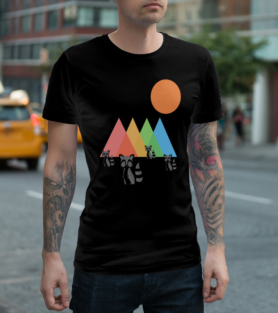 Raccoons in Geometric Pastel Mountain Landscape with Orange Sun T-Shirt