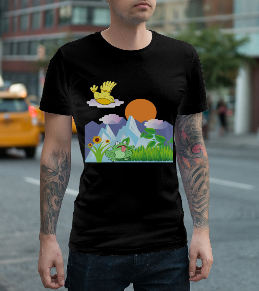 Granite Mountain Sunlit Peaks Frog and Bird Scene T-Shirt
