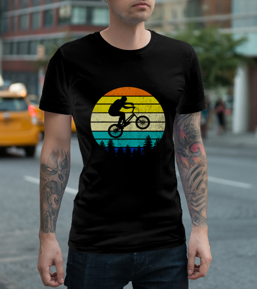 Vintage Retro Mountain Bike Silhouette with Sunset Stripes and Forest Scene T-Shirt