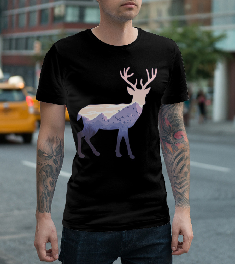 Deer Mountain Silhouette with Scenic Landscape and Birds Majestic Nature Scene T-Shirt