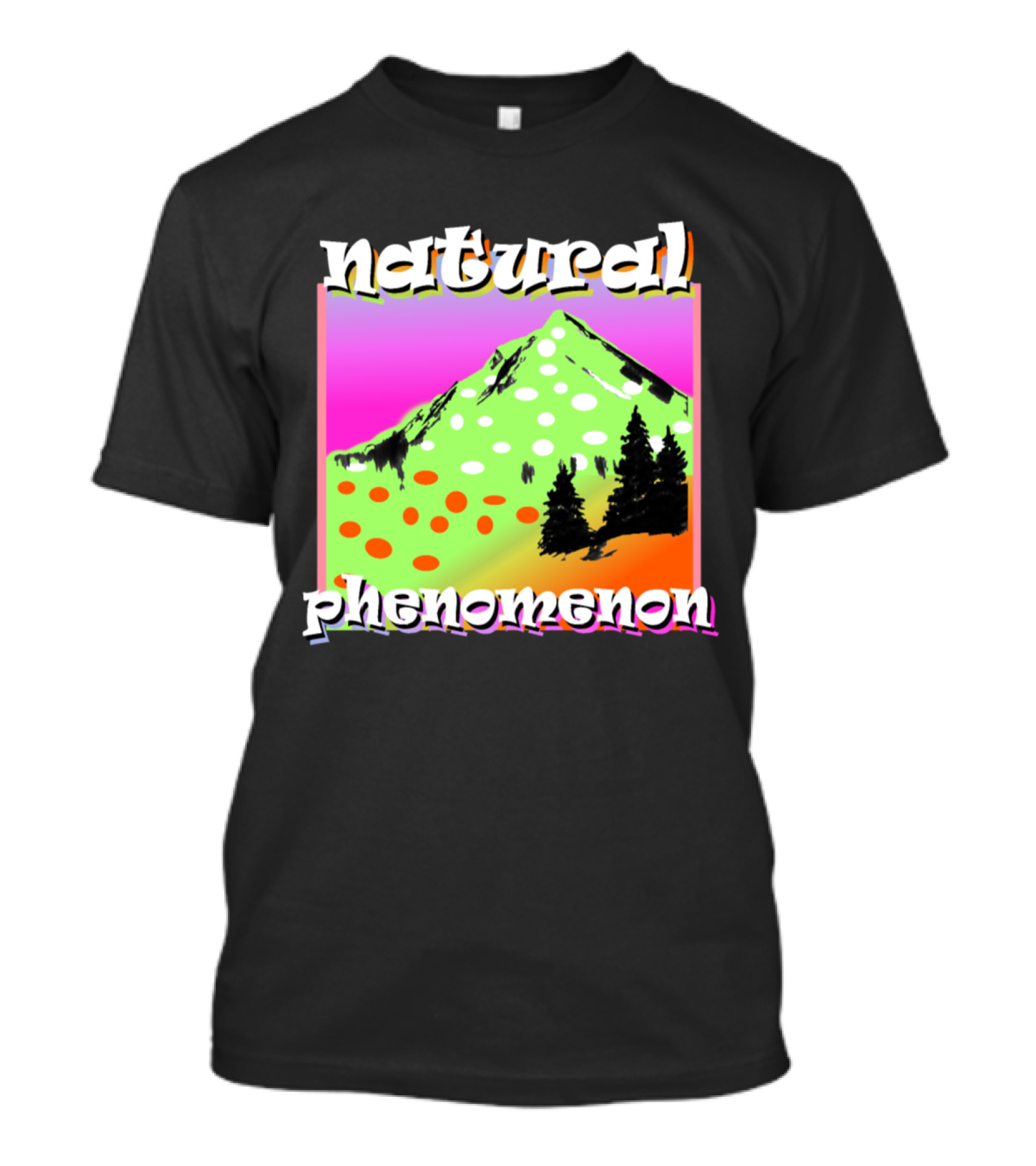 Natural Phenomenon Vibrant Mountain Scene With Trees And Polka Dots T-Shirt
