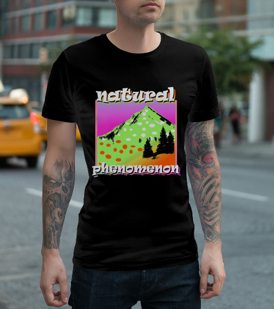 Natural Phenomenon Vibrant Mountain Scene With Trees And Polka Dots T-Shirt