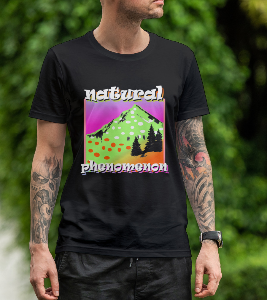 Natural Phenomenon Vibrant Mountain Scene With Trees And Polka Dots T-Shirt