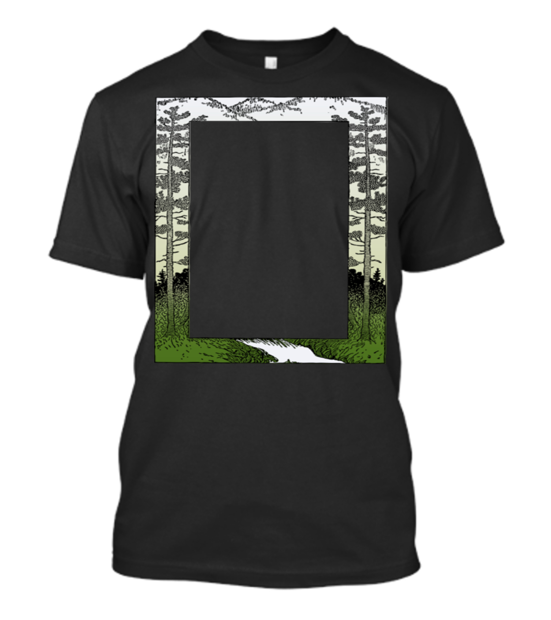Mountain Frame Forest Scene With River And Tall Trees T-Shirt