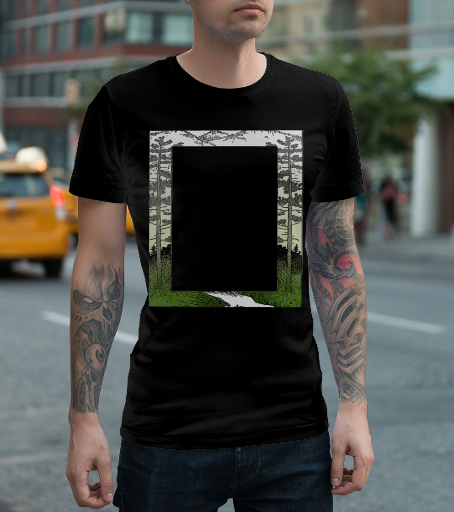 Mountain Frame Forest Scene With River And Tall Trees T-Shirt