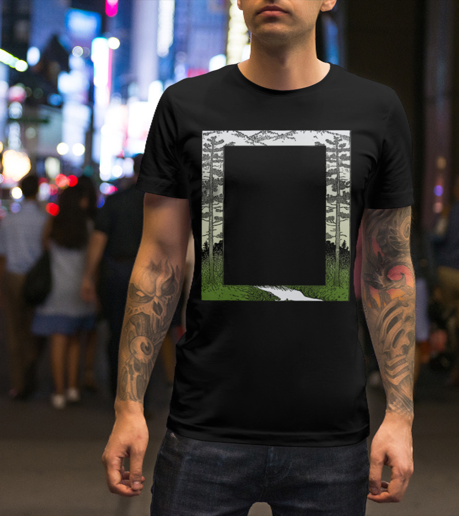 Mountain Frame Forest Scene With River And Tall Trees T-Shirt