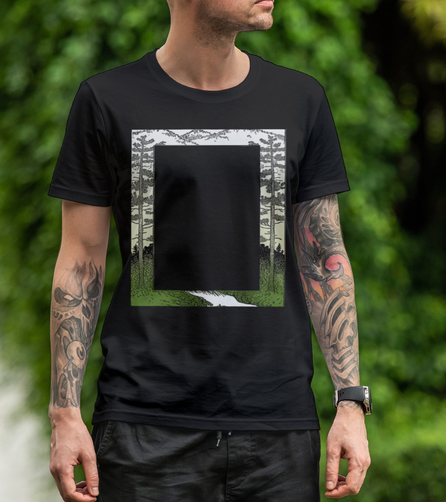 Mountain Frame Forest Scene With River And Tall Trees T-Shirt