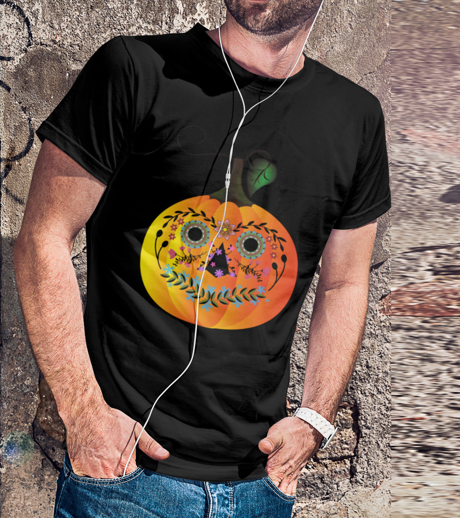 Sugar Skull Pumpkin Halloween Day Of The Dead Fiesta T-Shirt