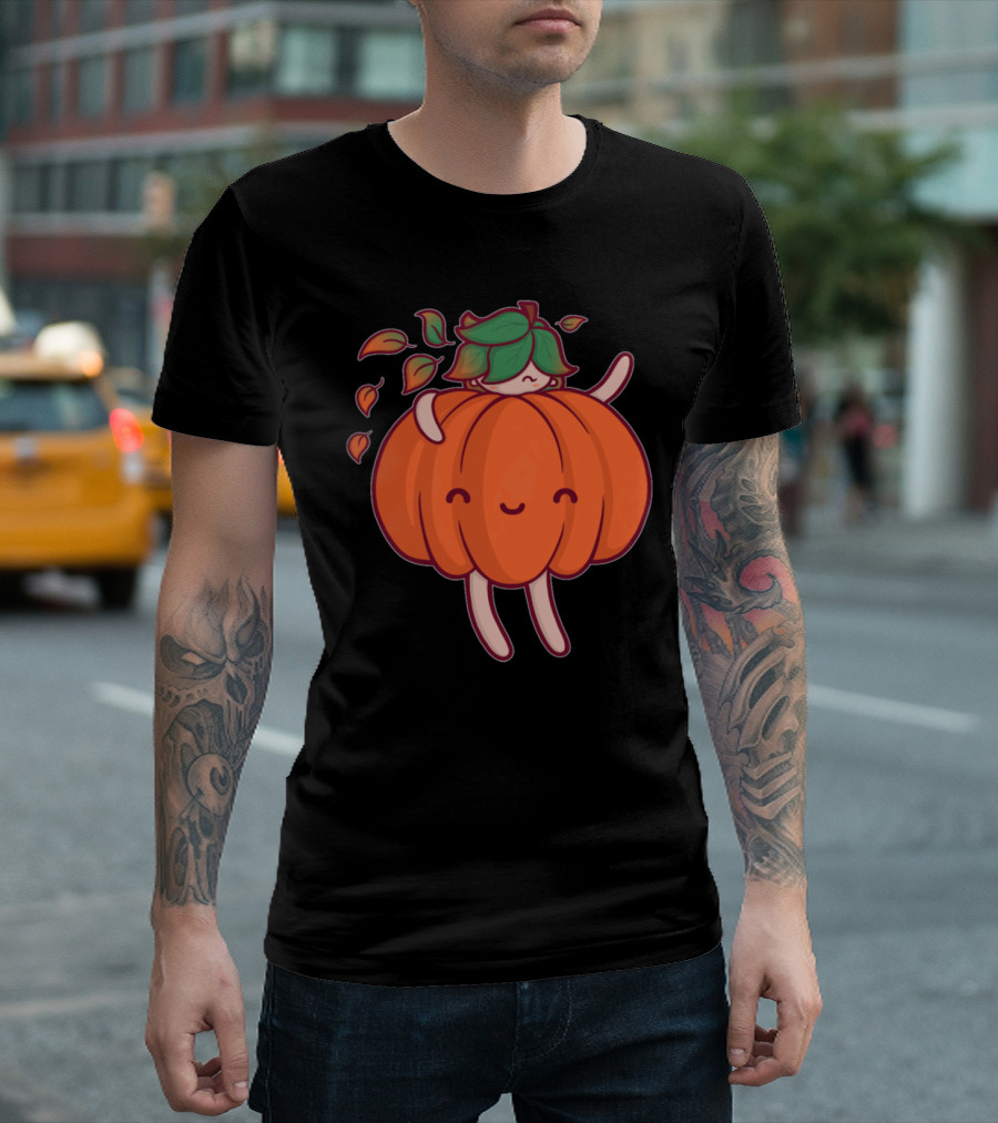 Adorable Pumpkin Sprite with Leaves and Happy Face T-Shirt