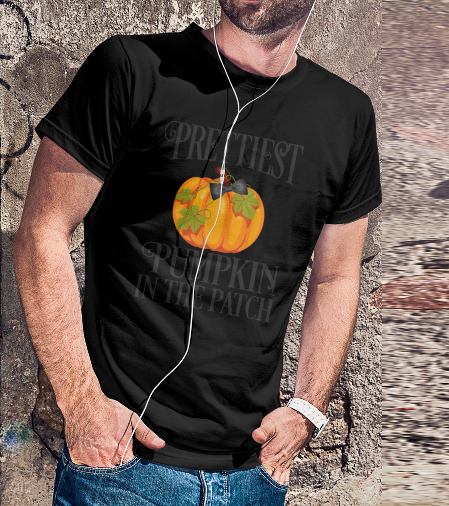 Prettiest Pumpkin In The Patch Black Bow Leaf Accents T-Shirt
