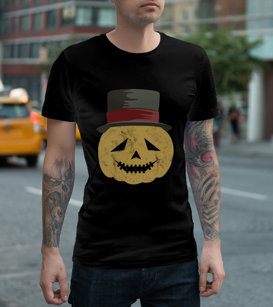 Scary Pumpkin Head With Hat And Grinning Face T-Shirt