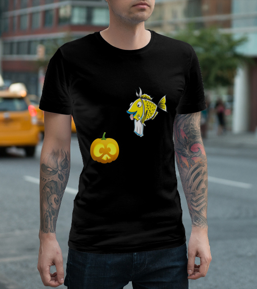 Funny Halloween Fish Eats a Pumpkin with Silly Expressions T-Shirt