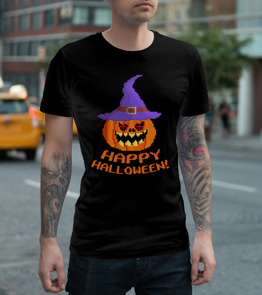 Happy Halloween Pixel Pumpkin with Witch Hat T-Shirt