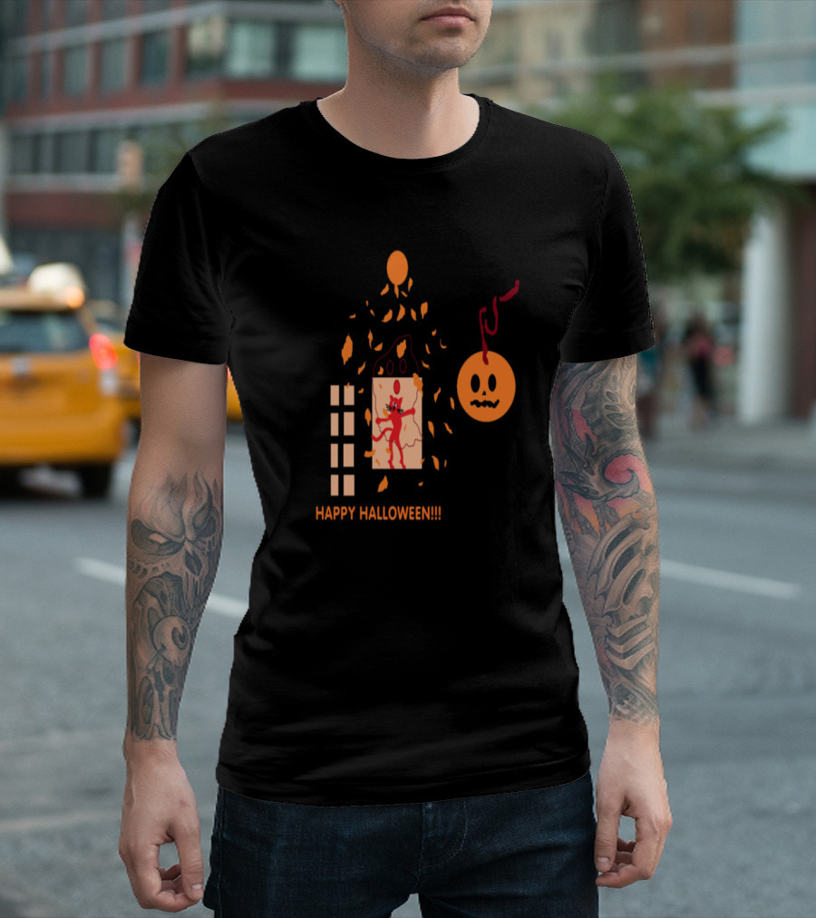 Happy Halloween Cat House with Pumpkin Moon and Hanging Ghostly Face T-Shirt