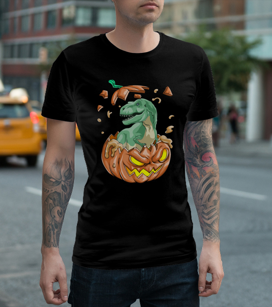 Trex Emerging from Angry Carved Pumpkin T-Shirt