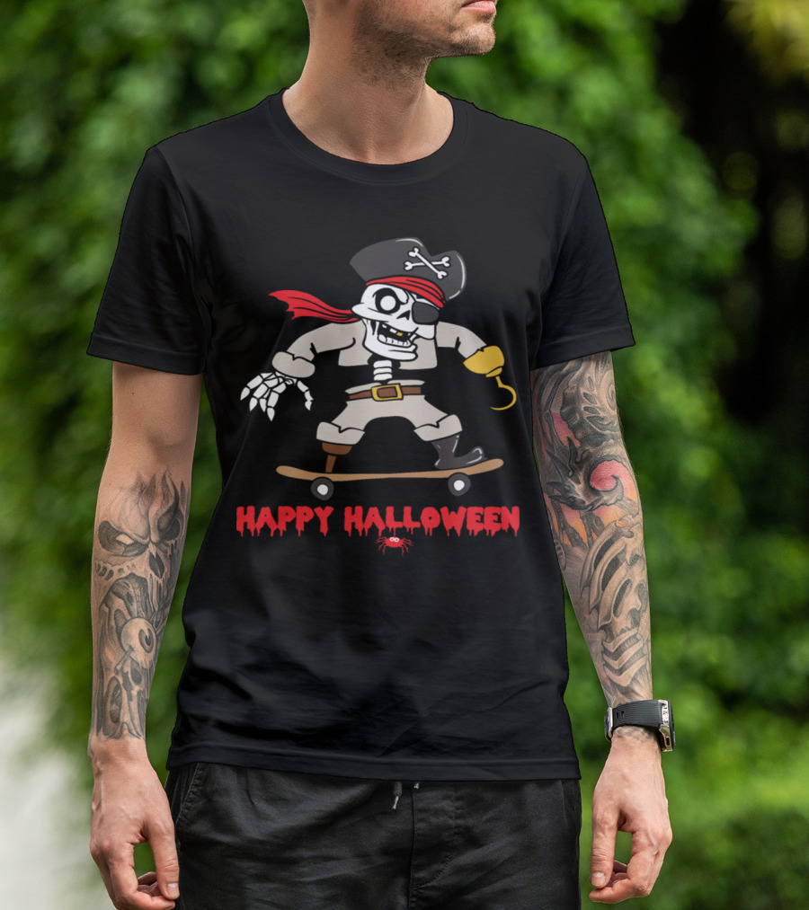 Happy Halloween Pirate Skeleton Skull Skateboarding T-Shirt