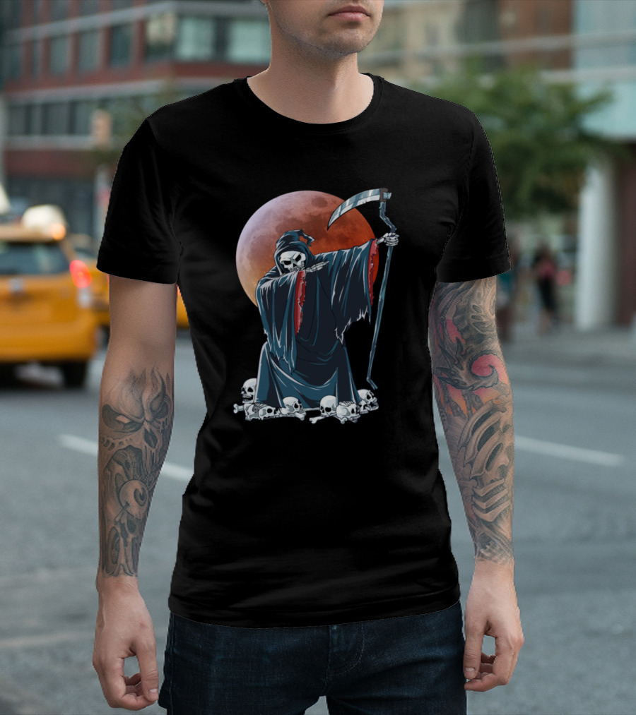 Grim Reaper Skeleton Dabbing with Scythe in Front of Red Moon T-Shirt