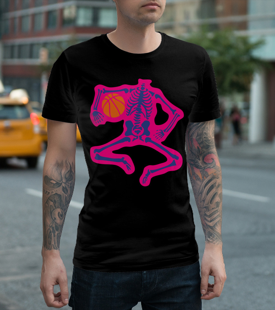 Basketball Skeleton Neon Jump Dunk Vibrant Pink and Blue T-Shirt
