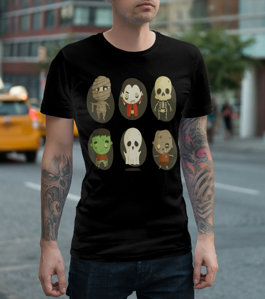 Skeleton Happy Halloween Day Mummy Vampire Skull Zombie Characters T-Shirt