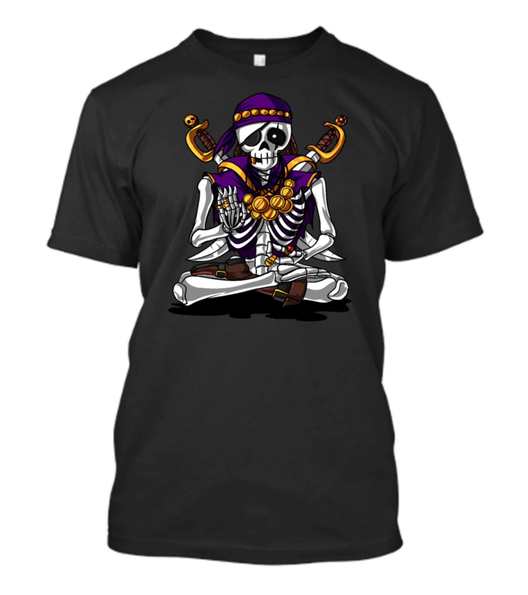 Skeleton Pirate Zen Gold Coins Meditation Pose T-Shirt