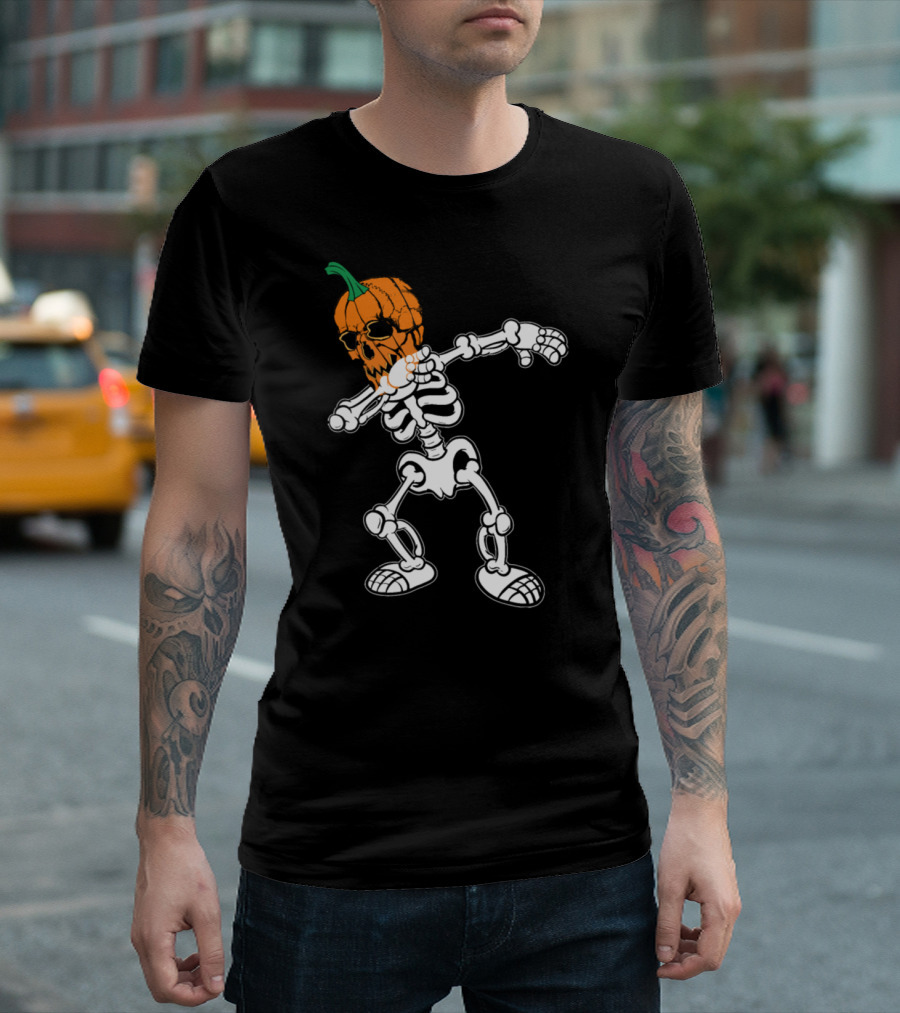 Dabbing Skeleton Pumpkin Head Halloween Kids T-Shirt