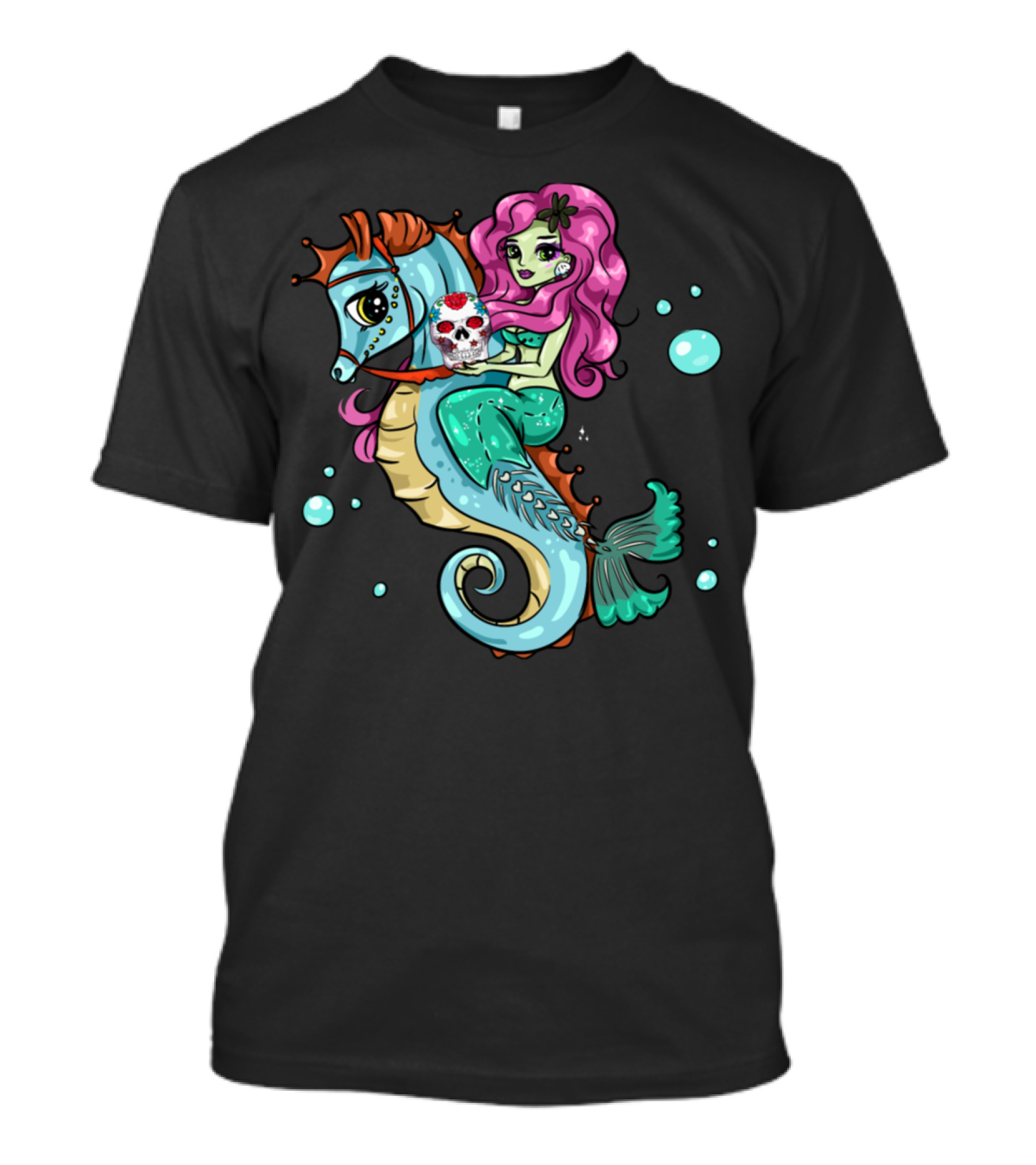 Halloween Skeleton Mermaid Sugar Skull Sea Horse Adventure T-Shirt