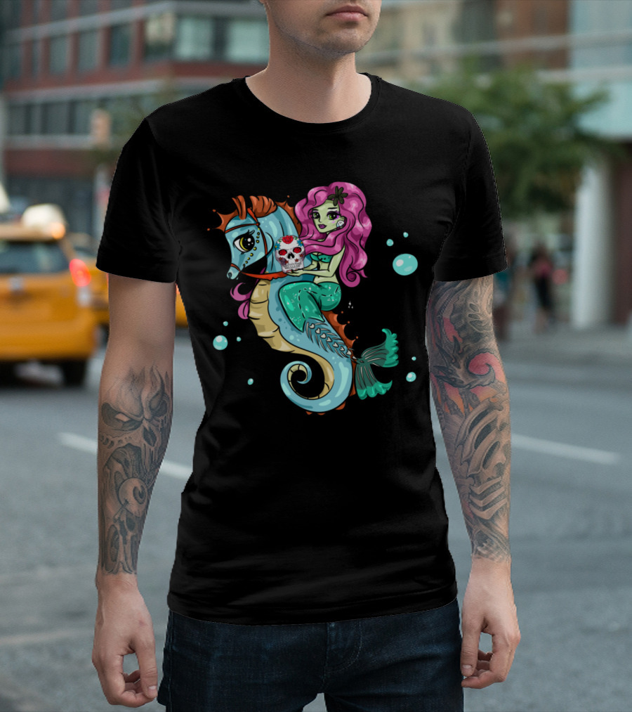 Halloween Skeleton Mermaid Sugar Skull Sea Horse Adventure T-Shirt