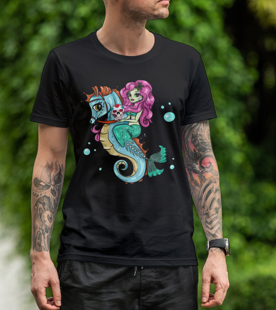 Halloween Skeleton Mermaid Sugar Skull Sea Horse Adventure T-Shirt