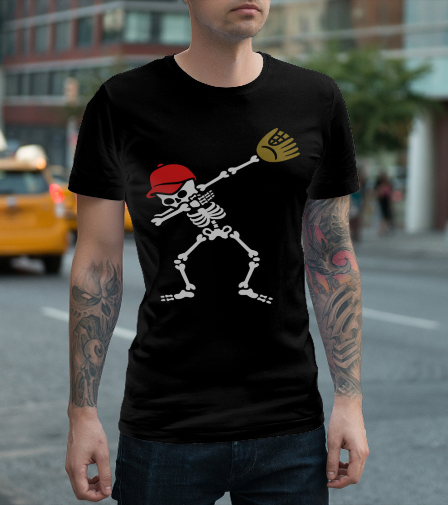 Dabbing Skeleton in Baseball Cap with Glove T-Shirt