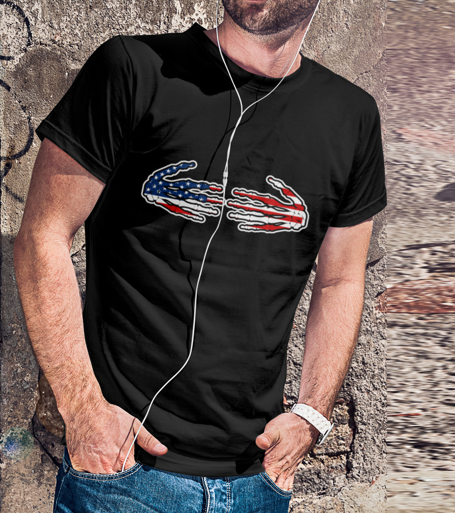 Patriotic Skeleton Hands In Red White Blue American Flag T-Shirt