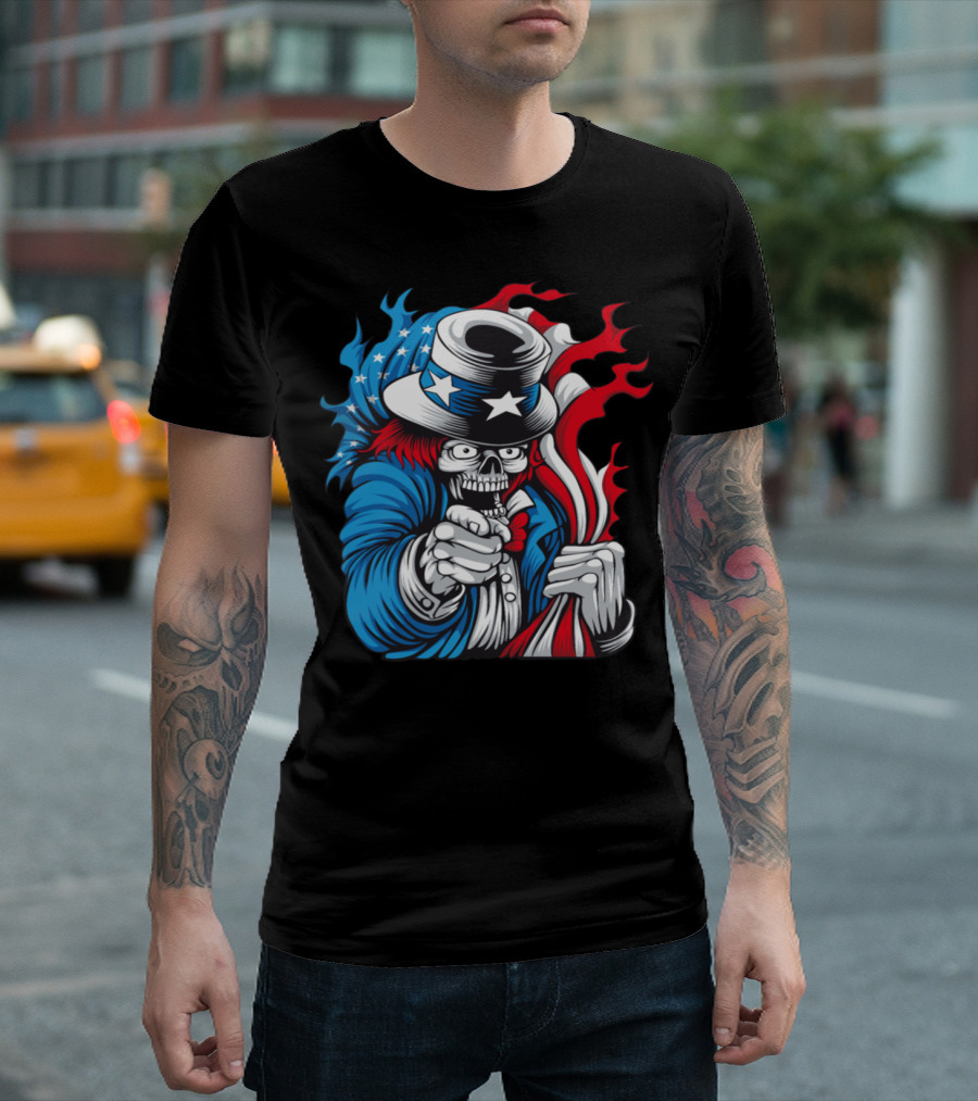 Skeleton Uncle Sam Holding American Flag Vector T-Shirt