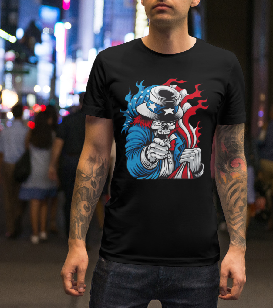 Skeleton Uncle Sam Holding American Flag Vector T-Shirt