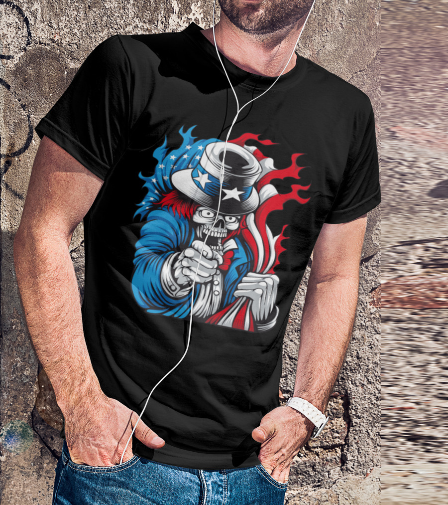 Skeleton Uncle Sam Holding American Flag Vector T-Shirt