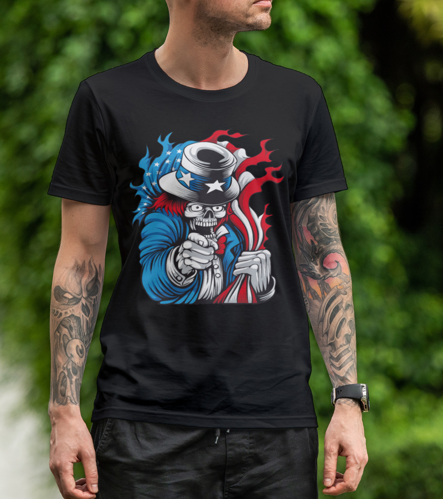 Skeleton Uncle Sam Holding American Flag Vector T-Shirt