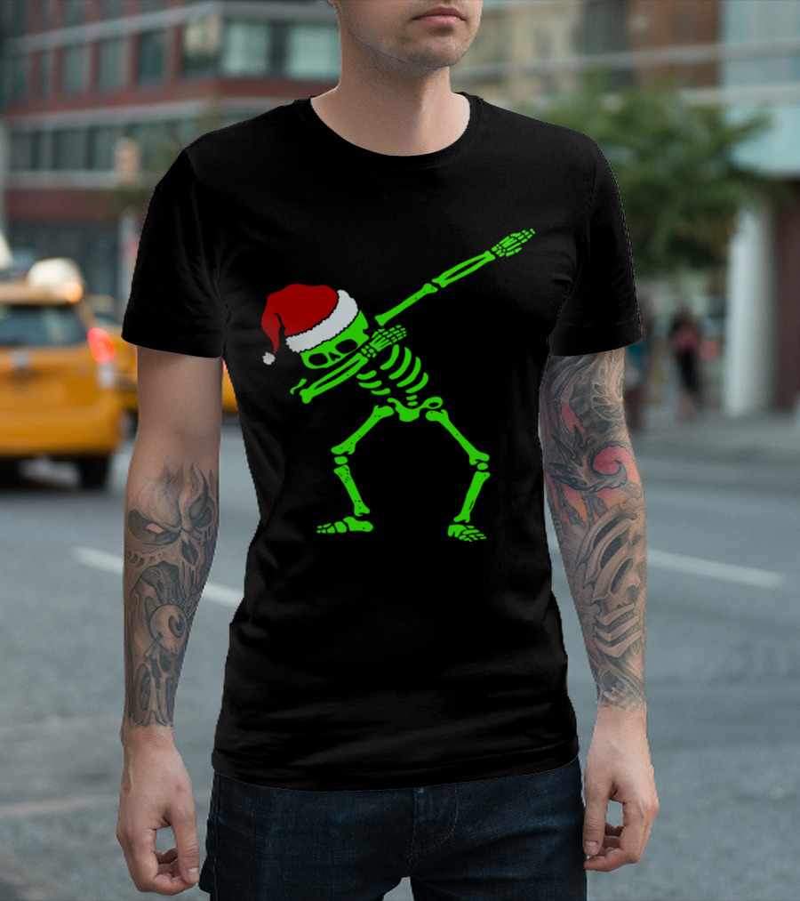 Dabbing Skeleton With Santa Hat Christmas Dance Pose T-Shirt