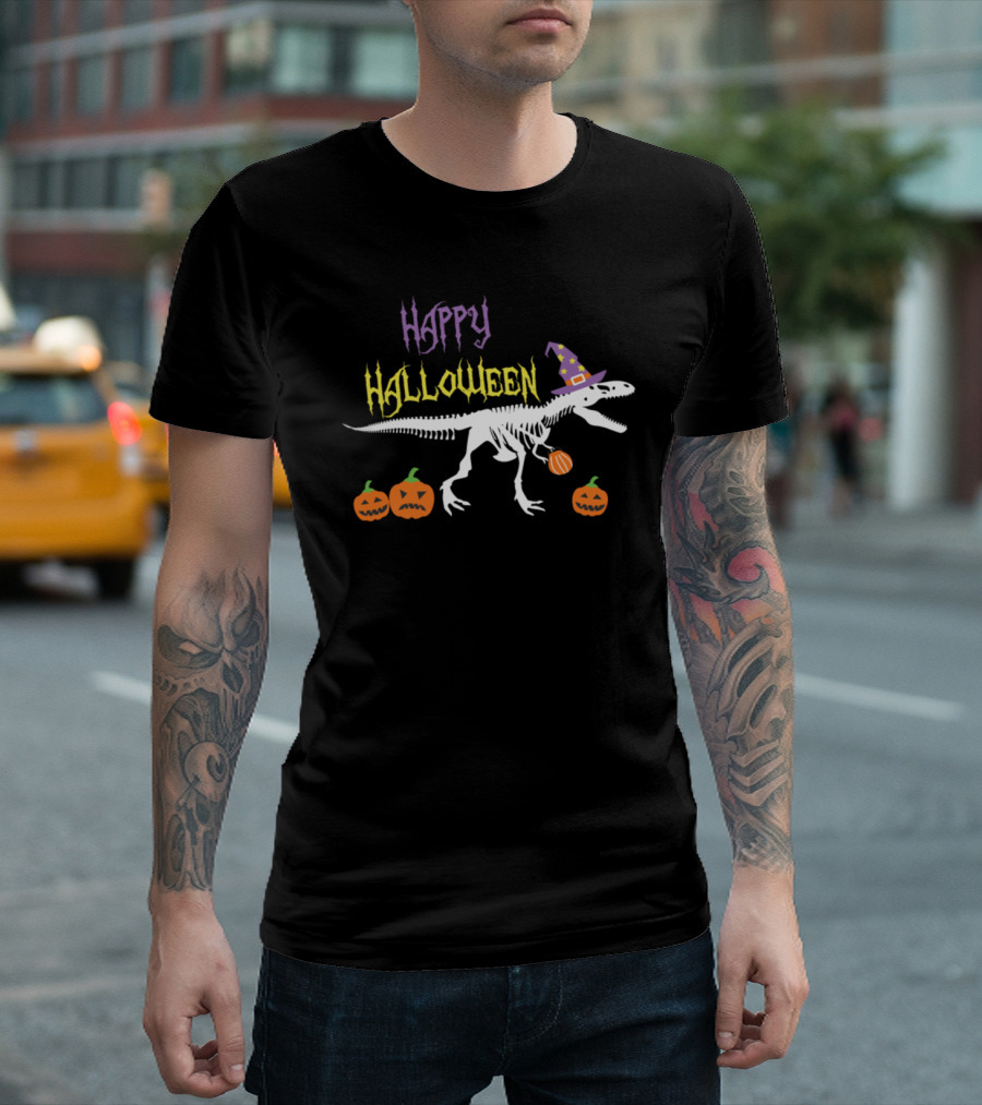 Happy Halloween Skeleton T-Rex with Pumpkin Trick or Treat T-Shirt