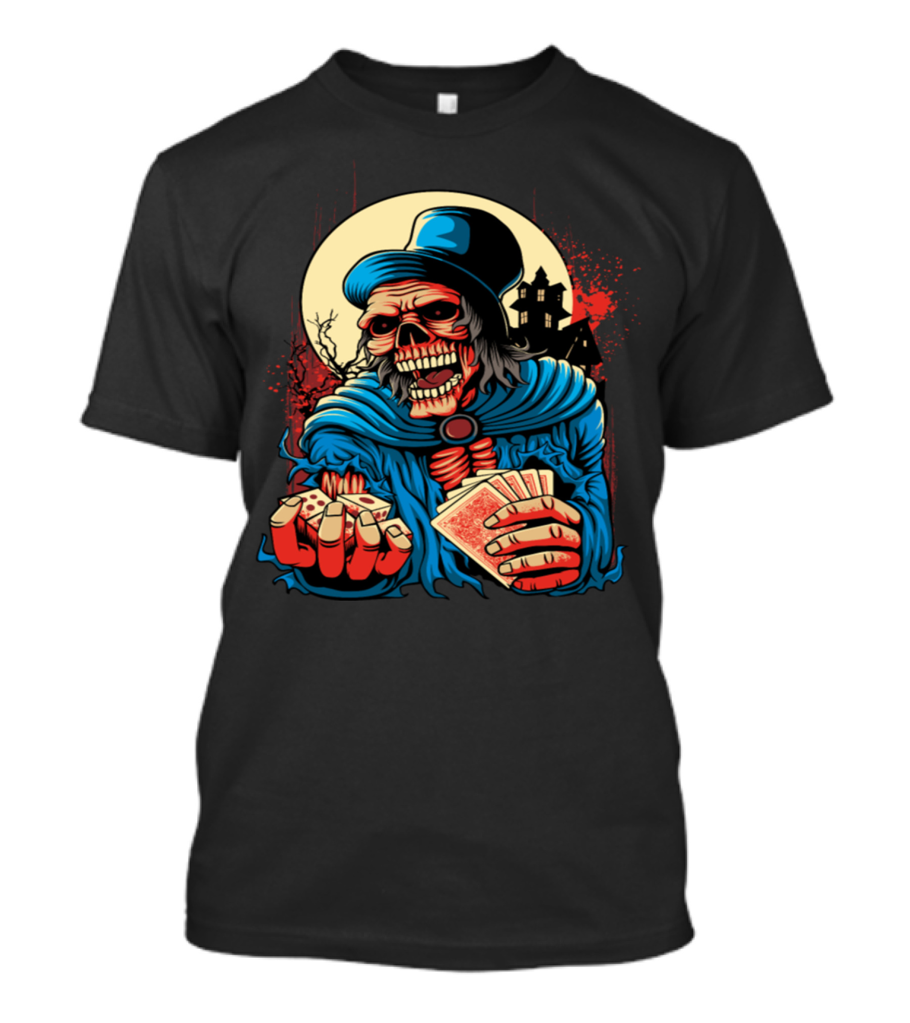 Scary Skeleton Old Man With Cards And Haunted House Background T-Shirt