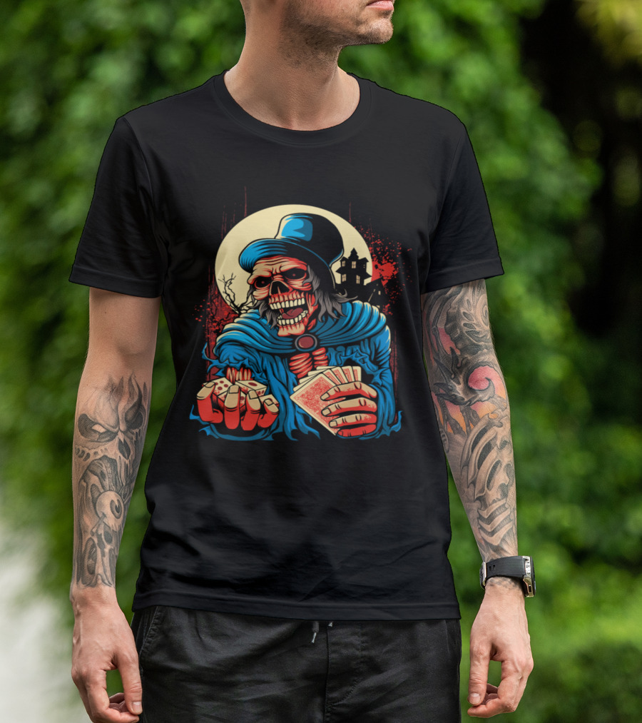 Scary Skeleton Old Man With Cards And Haunted House Background T-Shirt