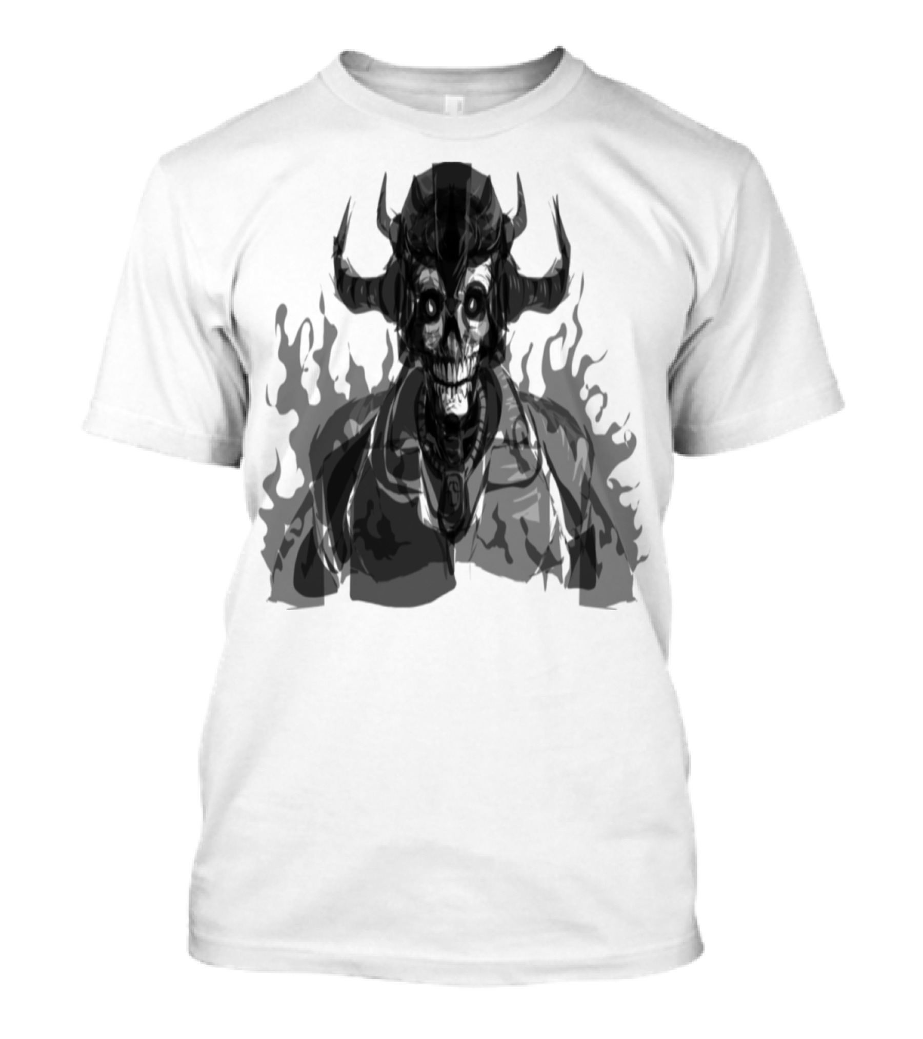 Death Skletten Man Shadowy Horned Skull With Fiery Background T-Shirt