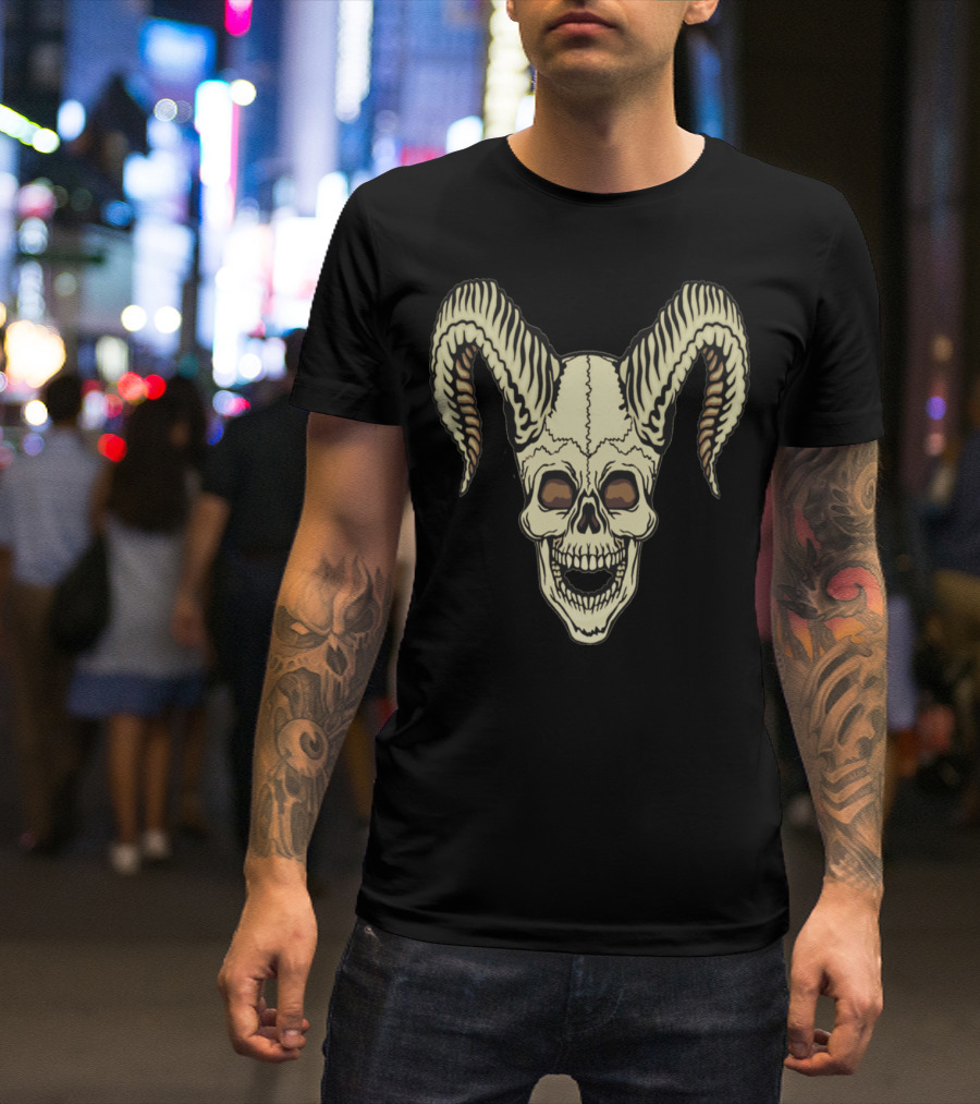 Horned Skull With Striped Curved Horns T-Shirt