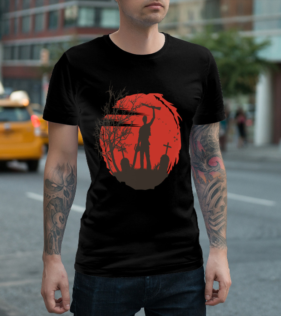Boomstick Ash Silhouette with Chainsaw and Shotgun Graveyard Scene T-Shirt