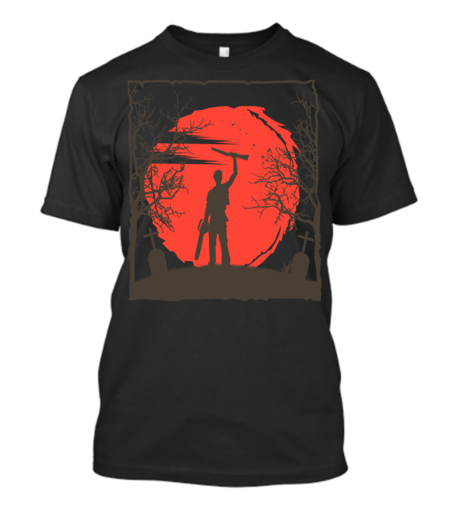 Evil Dead Ash Williams Silhouette With Chainsaw And Rifle Against Red Moon Background T-Shirt
