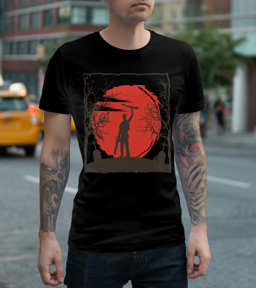 Evil Dead Ash Williams Silhouette With Chainsaw And Rifle Against Red Moon Background T-Shirt
