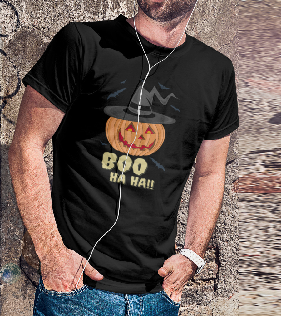 Boo Ha Ha Halloween Pumpkin With Witch Hat And Bats T-Shirt