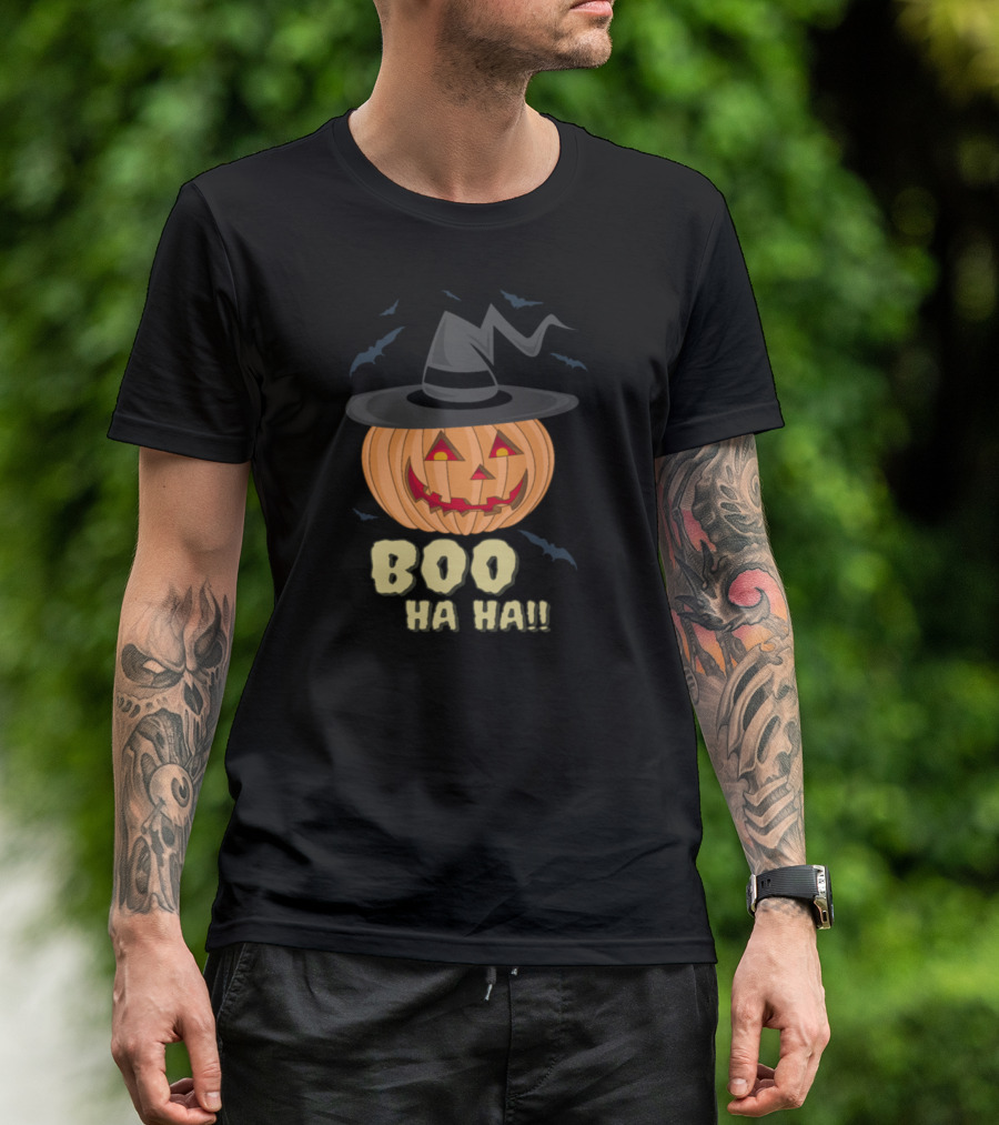 Boo Ha Ha Halloween Pumpkin With Witch Hat And Bats T-Shirt