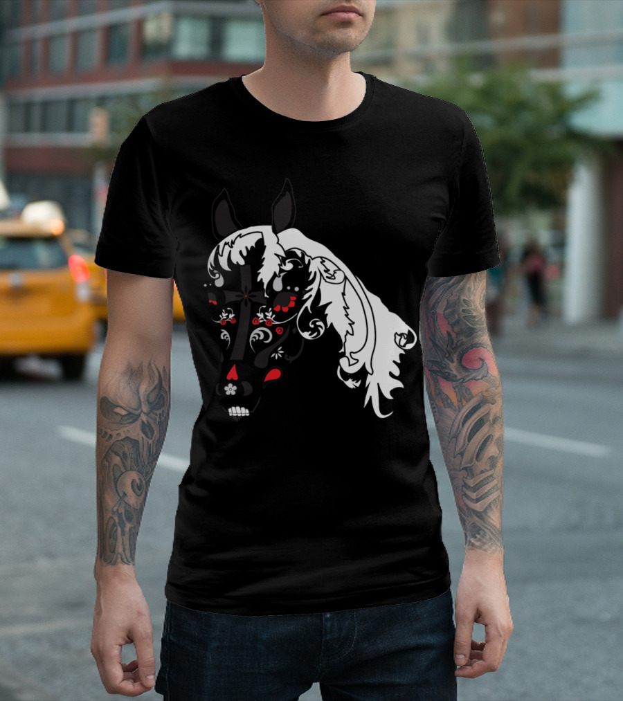 Sugar Skull Horse Floral Tattoo T-Shirt