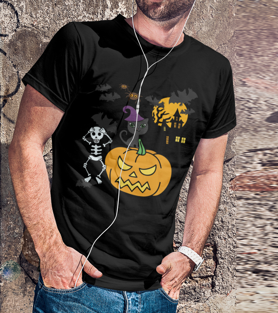 Frightful Fun Halloween Skeleton Jack-o'-Lantern Haunted House Black Cat And Spiders T-Shirt